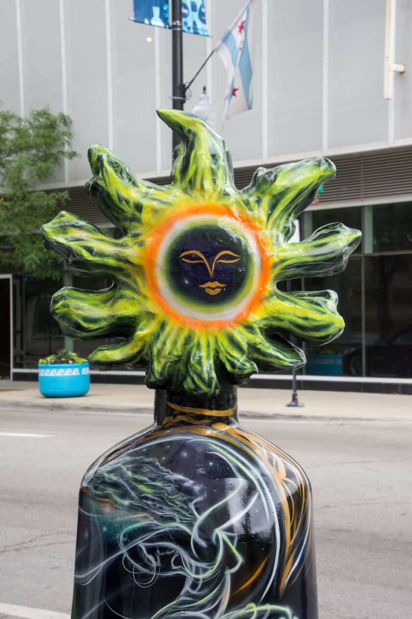 This work of art by Tyrue Slang Jones is one of 24 sculptures featured in the outdoor exhibition “Hello Helios” in Greektown.